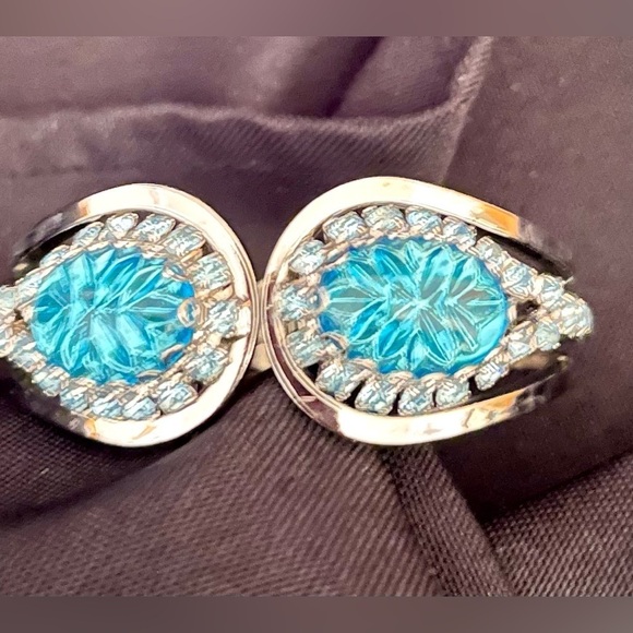 Judy Lee VTG Signed Blue Glass Rhinestone Hinged Silver Clamper Bangle Bracelet - Picture 3 of 17